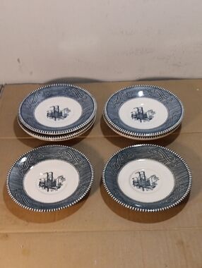 8 Currier & Ives Blue and White Saucers STEAMBOAT Vintage